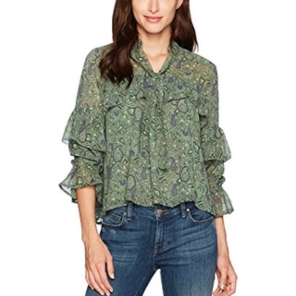 Lucky Brand High Neck Ruffle Blouse Green Small